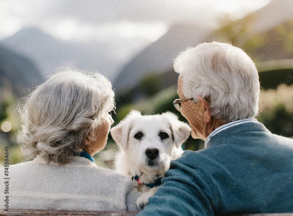 Elder couple with their dog sitting on a bench together in natural park. Family travel. Elder couple with their dog sitting on a bench together in natural park. Family travel.