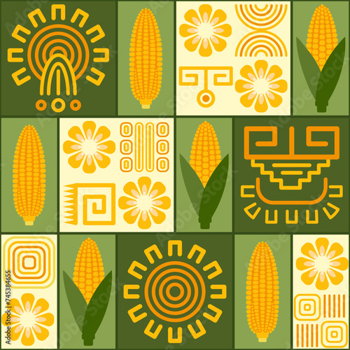 Seamless pattern with icons of corn cob, corn grains, ethnic mesoamerican ornament, shapes on square grid background. For branding, decoration of food package, decorative print for kitchen