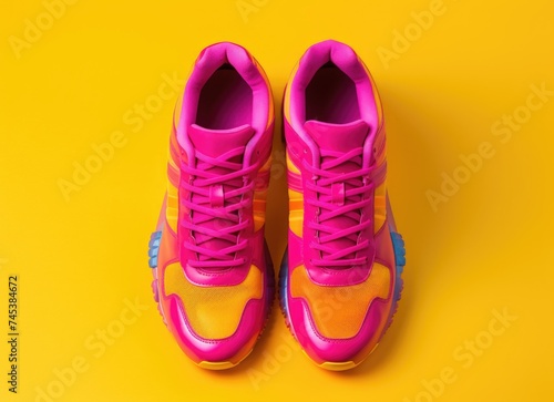 Bright Pink and Orange Running Shoes on a Vivid Yellow Background