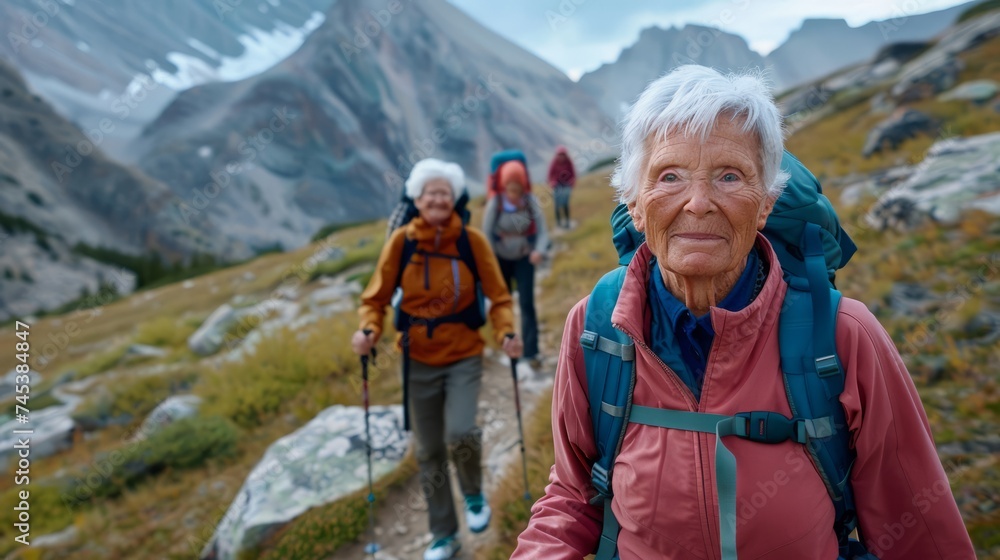 Group of active seniors hiking up a rugged mountain trail