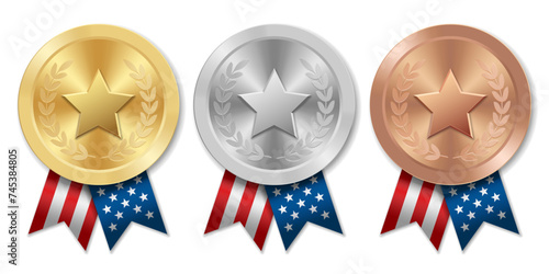 Golden silver and bronze award sport medal with USA ribbons and star