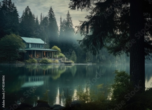 Serene Lakeside Cabin Surrounded by Autumn Foliage and Evergreens
