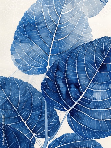 A detailed blue and white botanical illustration showcasing the intricate venation patterns of leaves.