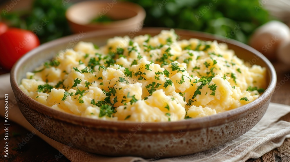 a bowl of mashed potatoes with parsley sprinkled on top of the mashed potatoes in a bowl. a bowl of mashed potatoes with parsley sprinkled on top of the mashed potatoes in a bowl.