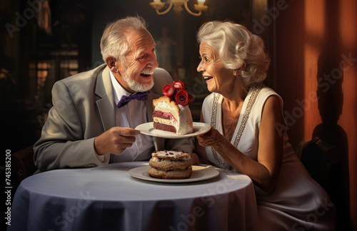 Joyful elderly couple sharing laughter and cake with pink roses.