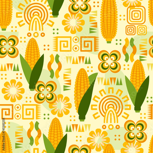 Seamless pattern with icons of corn cob, corn grains, ethnic mesoamerican ornament, geometric shapes on white background. For branding, decoration of food package, decorative print for kitchen