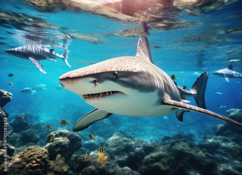 Obraz premium Dolphins swimming over coral reef.