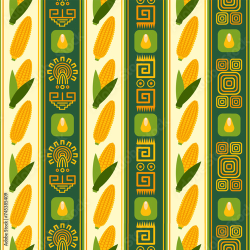 Seamless pattern with icons of corn cob, corn grains, ethnic mesoamerican ornament, shapes on vertical striped background. For branding, decoration of food package, decorative print for kitchen