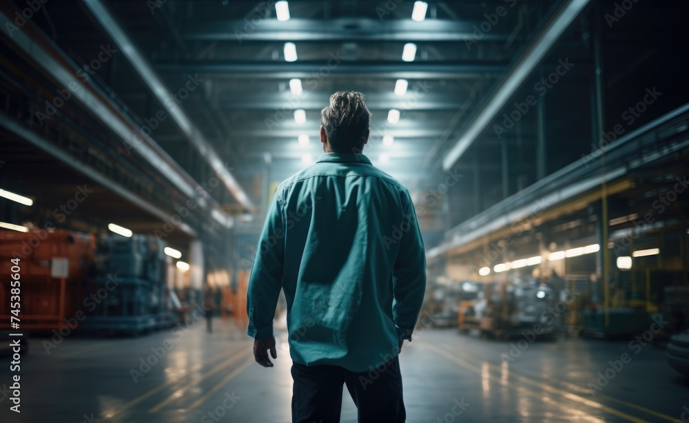Man walking down a factory hallway.