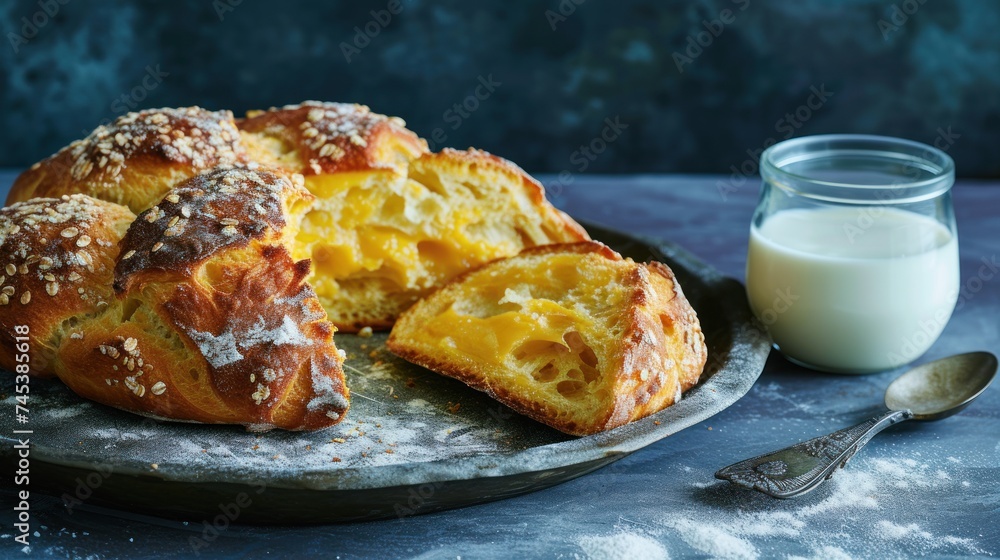 a loaf of bread sitting on top of a plate next to a bowl of milk and a glass of milk. a loaf of bread sitting on top of a plate next to a bowl of milk and a glass of milk.