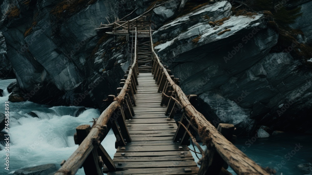 a wooden bridge over a rushing river with a wooden walkway leading to the top of the bridge and a wooden walkway leading to the top of the bridge.
