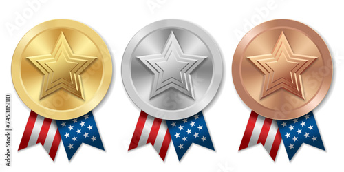 Golden silver and bronze award sport medal with USA ribbons and star