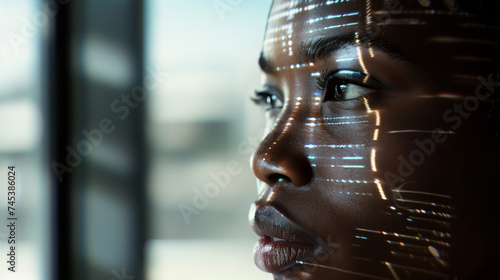 side profile of a young black female employee worker in the office looking at a computer screen coding, artificial intelligence photo