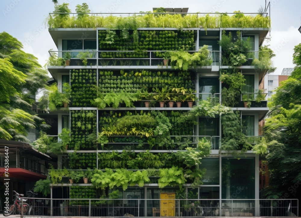 Lush green plant wall covering building.