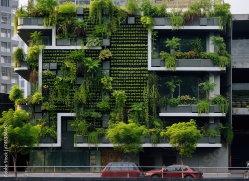 Lush green plant wall covering building. photo