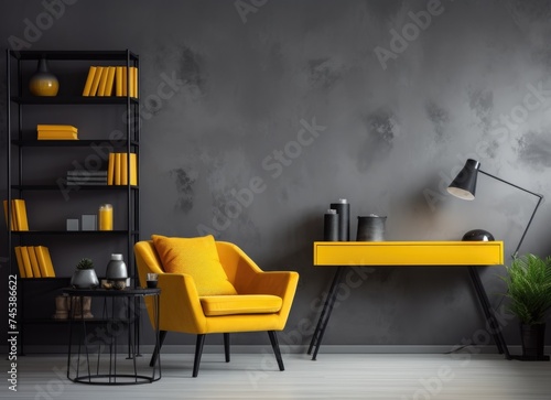 Yellow chair in front of bookshelf.