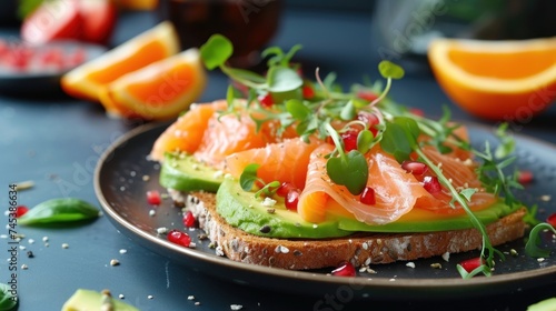 a sandwich with salmon, avocado, and pomegranate on a plate next to sliced oranges.