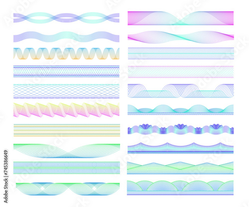 Seamless guilloche dividers. Colorful wave patterns and spirograph lines decorative elements vector set