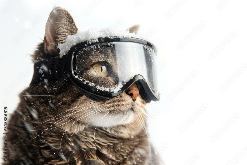 An adventurous tabby cat with snow-covered ski goggles looks to the side, against a bright background.