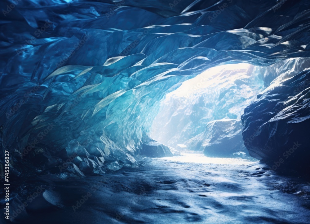 Expansive ice cave filled with water.	