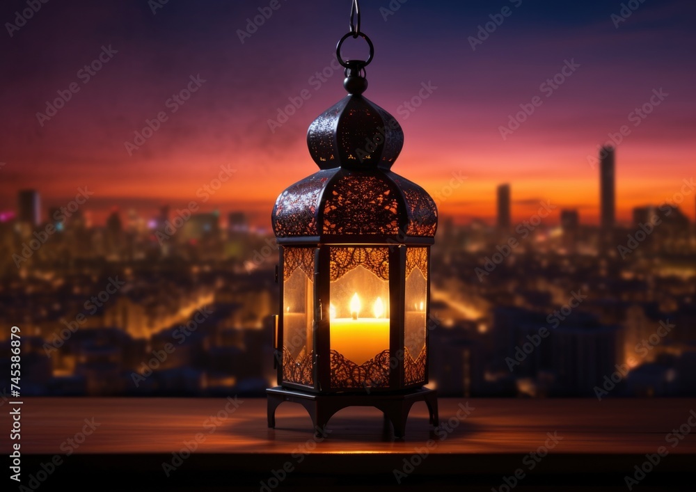 Traditional lantern illuminating a ramadan evening in an urban setting. Traditional lantern illuminating a ramadan evening in an urban setting.