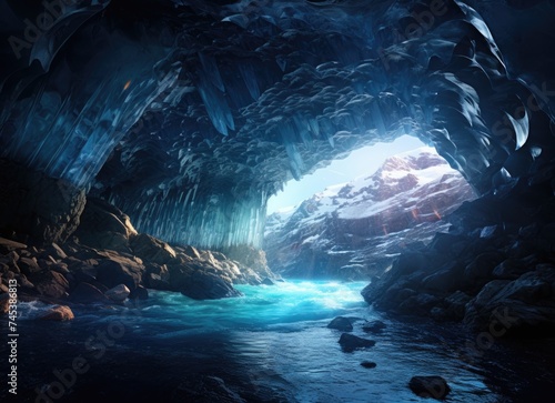 Majestic ice cave with flowing water.
