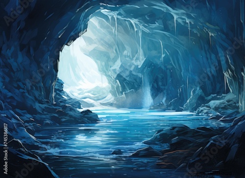 Majestic Ice Cave With Flowing Water