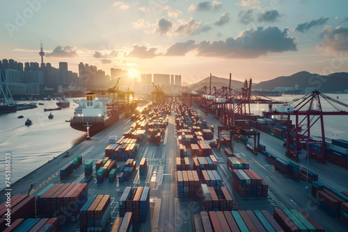 Sunrise Over Bustling Harbor Logistics and Trade