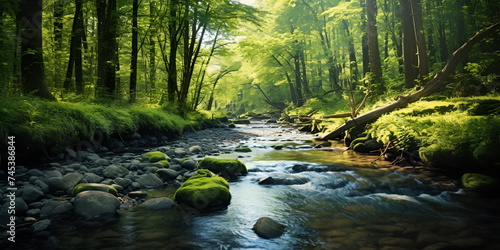 Clear Stream, stream in the woods, A stream with a stream running through it,Beautiful nature scene,  Generative AI