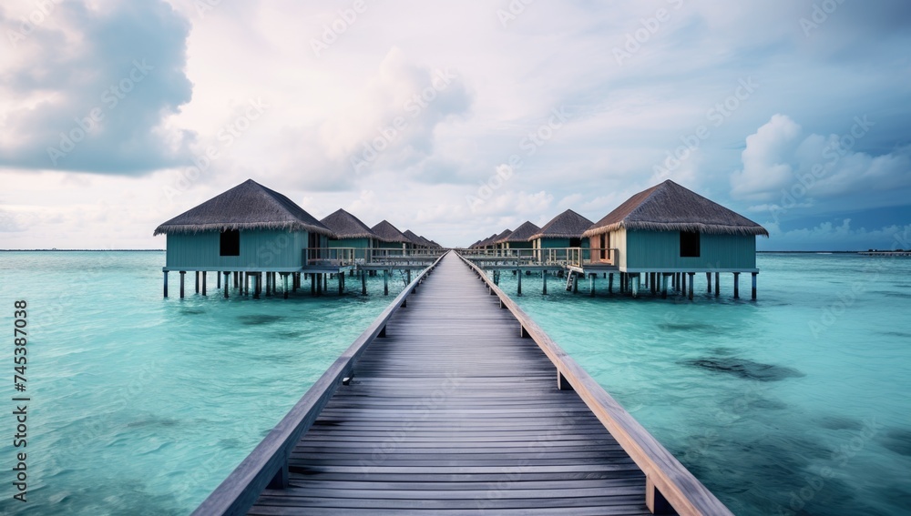 Serene morning at demiosar maldives resort with overwater villas and long wooden pier.