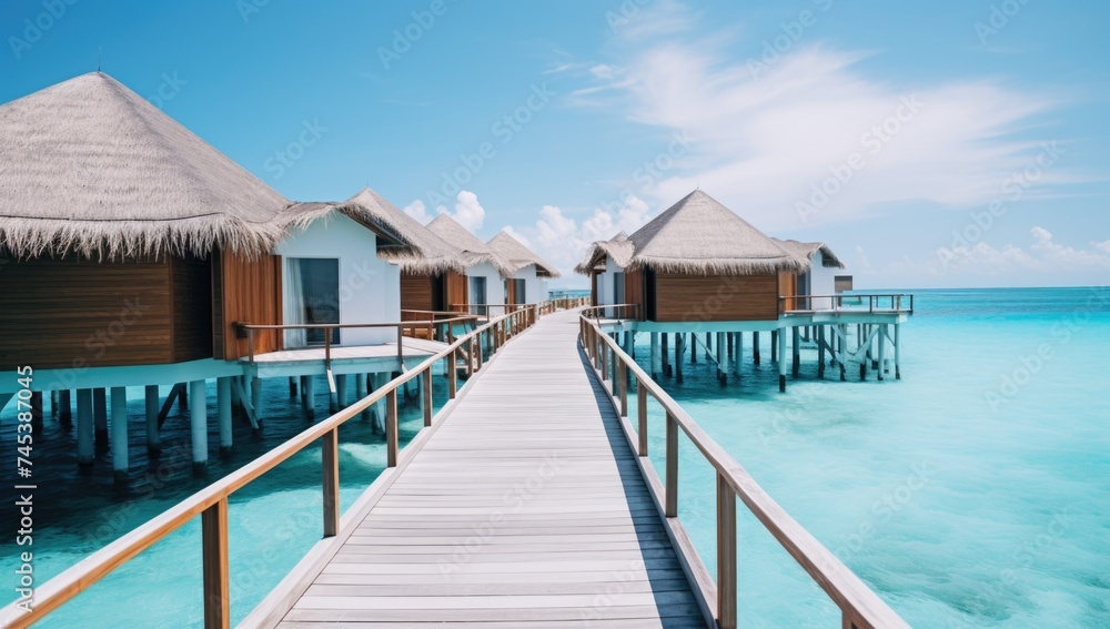 Serene Morning at Demiosar Maldives Resort With Overwater Villas and Long Wooden Pier