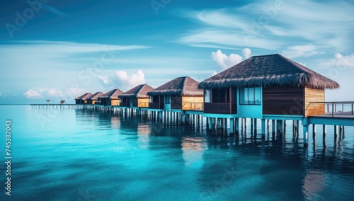 Serene morning at demiosar maldives resort with overwater villas and long wooden pier.