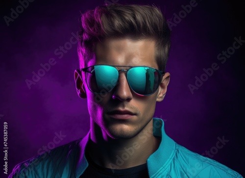 Young male athlete wearing sunglasses against a dark colorful backdrop. © Marharyta