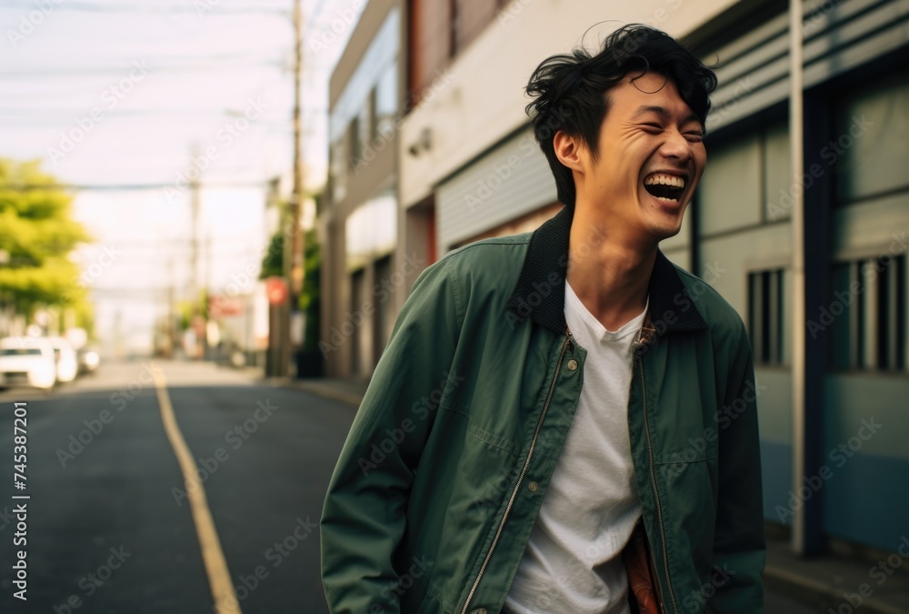Joyful Young Man Laughing While Strolling Down an Urban Street at Dusk