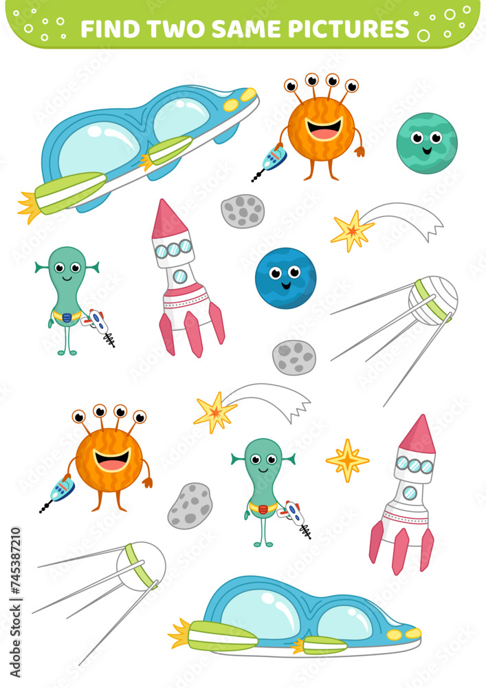 Fototapeta premium Little green man, monster, alien in space. Find two same pictures. Game for children. Cartoon, vector
