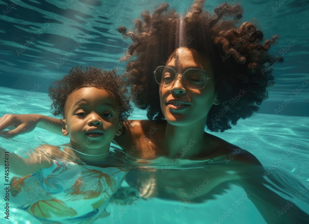 Mother and Child Swimming in a Pool