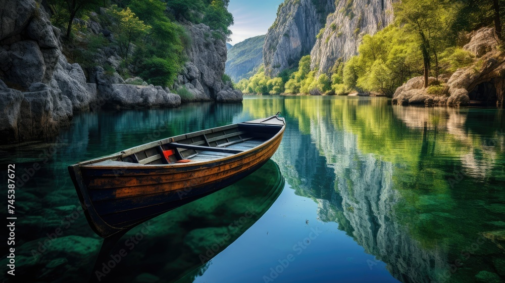 Fototapeta premium boat on lake, generative ai
