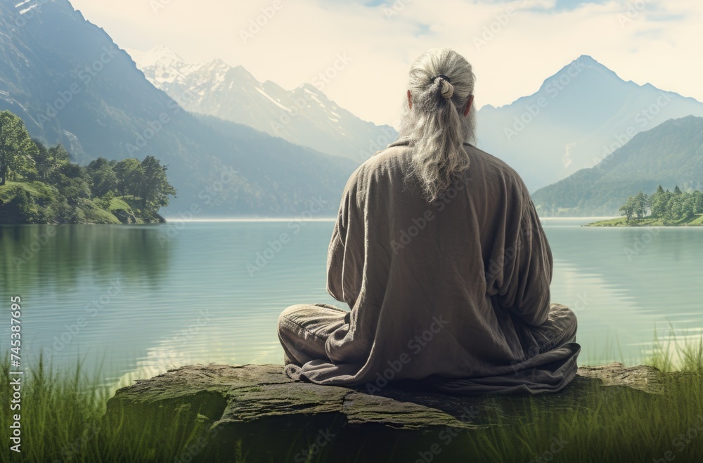 Elderly man meditating by a serene lake amidst mountain scenery at dawn.