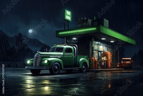 Vintage truck parked at a retro gas station under the nighttime glow.