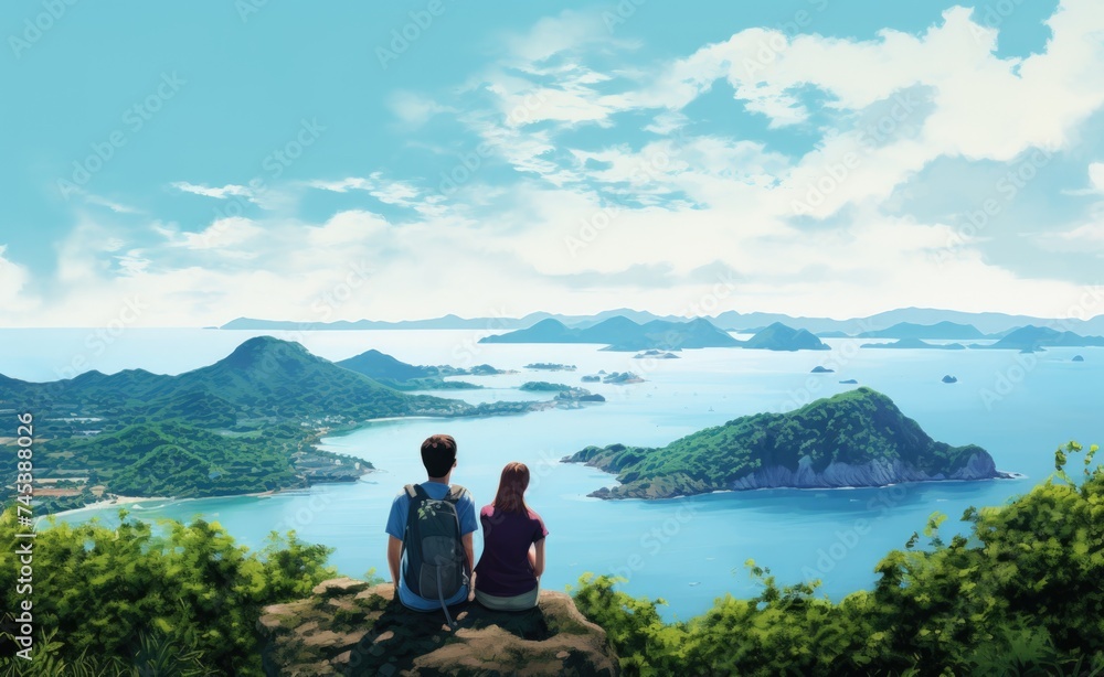 Two people standing on top of a hill overlooking a lake.