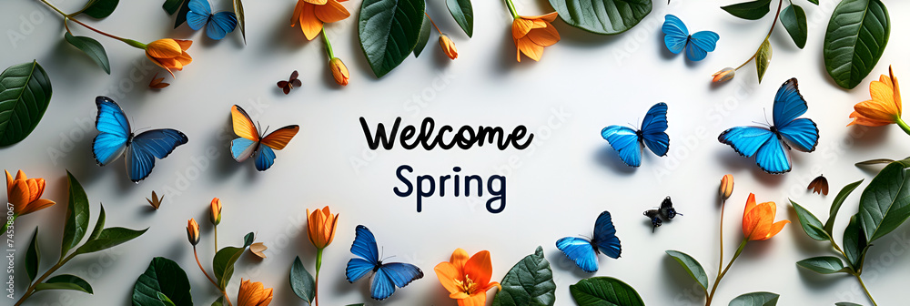 Spring card for the holiday of the vernal equinox with the text welcome spring, showing awakened nature. Banner suitable for design. - obrazy, fototapety, plakaty 