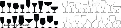 Wine glasses icons set simple symbol of bar, restaurant. isolated on transparent background. Various wine glass flat or line vector black silhouette collection for mobile concept and web design.