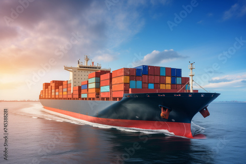 Container cargo ship, Global business import export commerce trade logistic and transportation worldwide by container cargo ship boat in the open sea, Freight shipping maritime vessel  photo