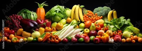 Colorful array of fresh vegetables and fruits lined up on a dark background.