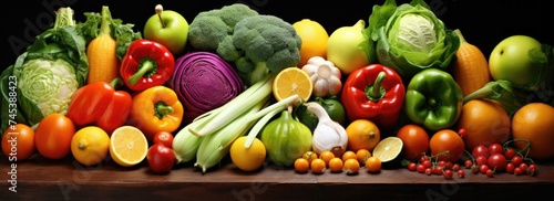 Colorful array of fresh vegetables and fruits lined up on a dark background.