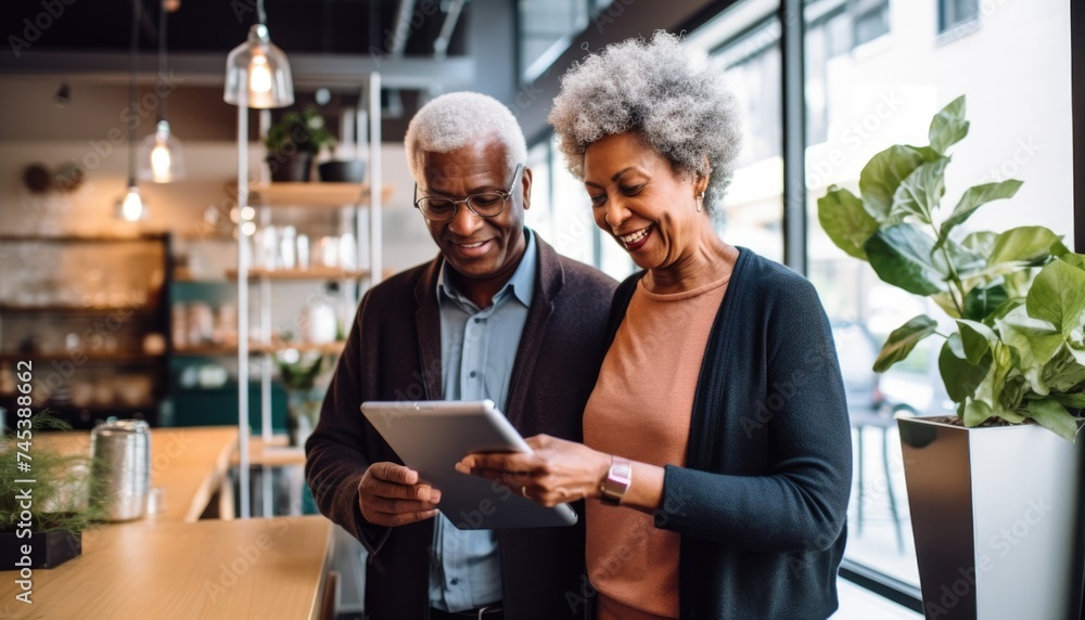Senior couple sharing a smile over a digital tablet during a leisurely walk indoors. Senior couple sharing a smile over a digital tablet during a leisurely walk indoors.