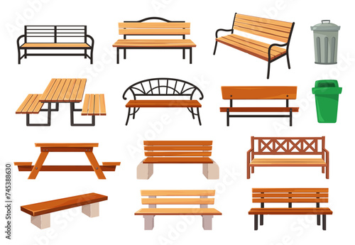 Garden bench. Outdoor furniture, park benches, waste bins and picnic tables cartoon vector illustration set
