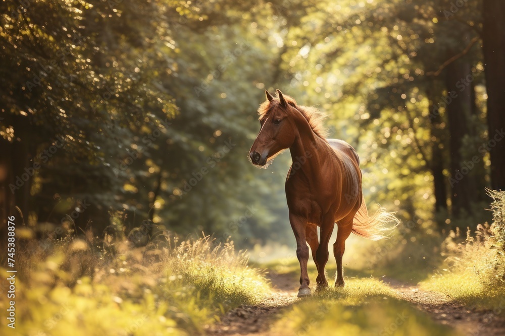 A sorrel horse stands on a dirt road in the woods surrounded by trees and grass