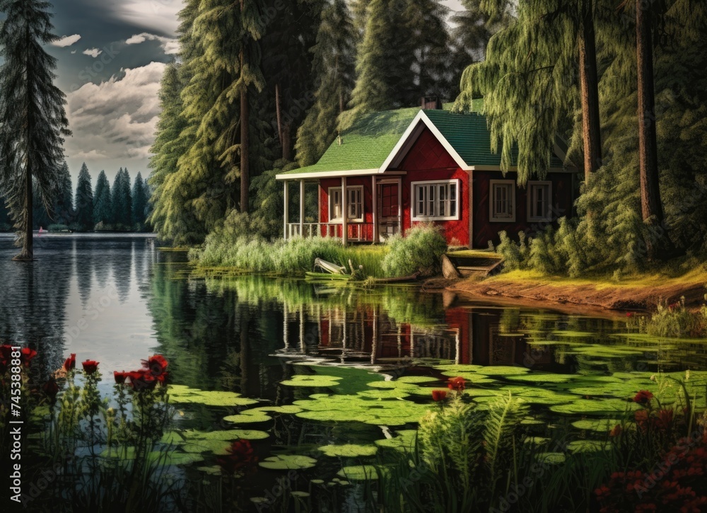 Obraz premium Serene lakeside cottage nestled amidst forest trees at dusk.