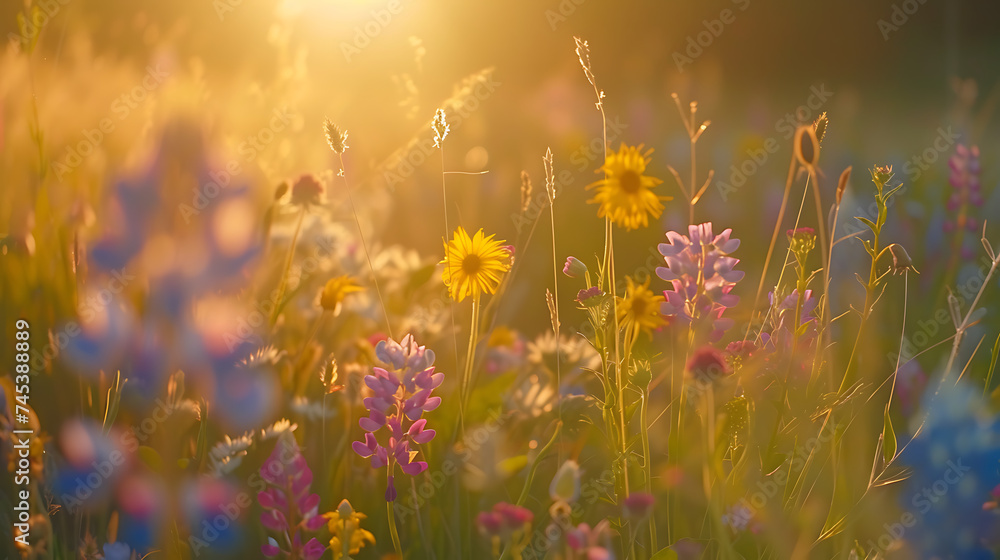Campo de Cores Closeup com flores silvestres em tarde dourada desfocando em suavidade ao fundo
